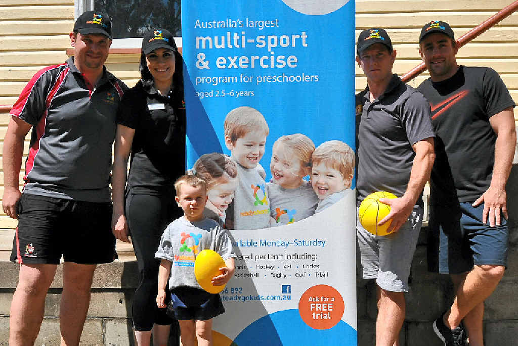 Ready Steady Go Kids owners Andrew and Cherish Sullivan with Kye Williams, Ben Sullivan and Brisbane Broncos hooker Andrew McCullough at the program’s sign-on day at Slade Hall. Ready Steady Go Kids owners Andrew and Cherish Sullivan with Kye Williams, Ben Sullivan and Brisbane Broncos hooker Andrew McCullough at the program’s sign-on day at Slade Hall.